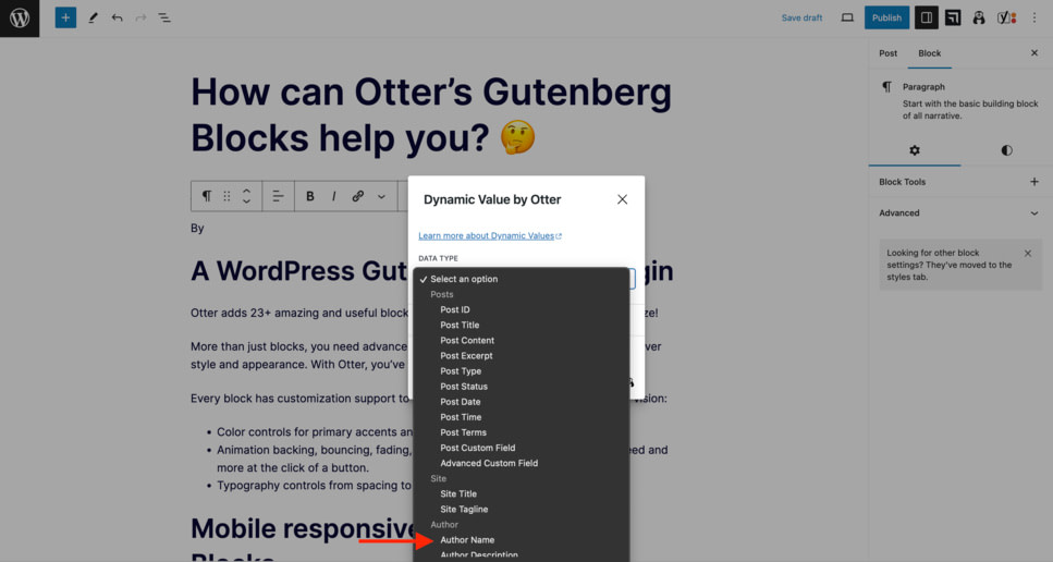 Selecting the "author name" choice from the Otter Blocks dynamic values drop down menu.