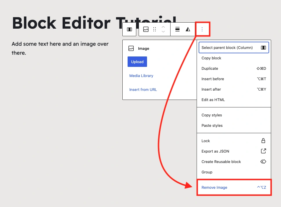 Delete a block inside the WordPress Block Editor.