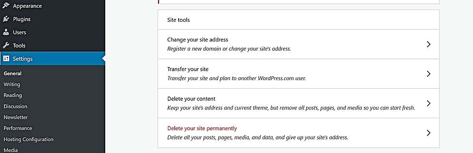 How to delete WordPress.com site via the Settings page.