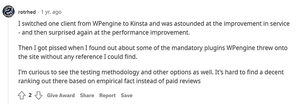 Reddit opinion about Kinsta
