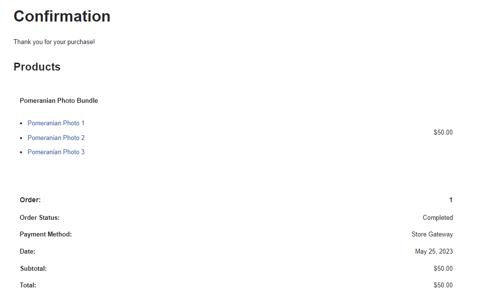 Purchase confirmation page in Easy Digital Downloads.