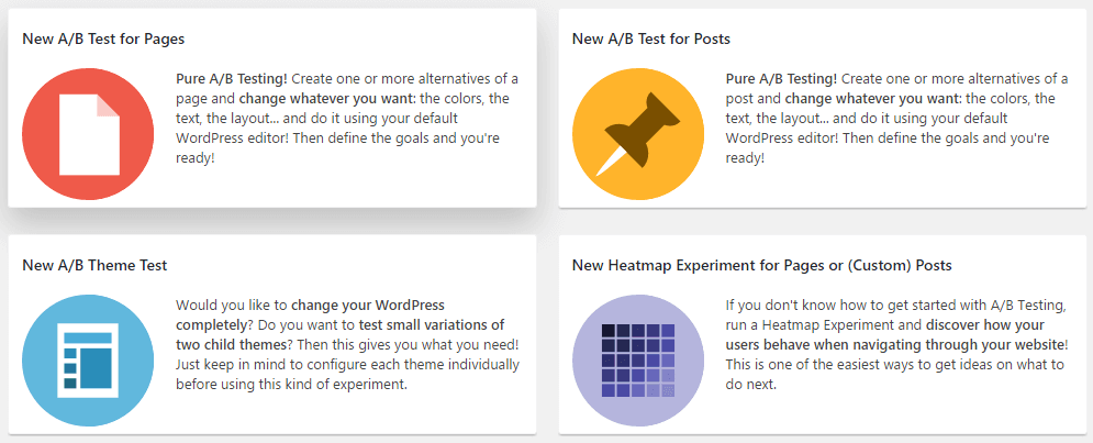 The split testing options available on Nelio AB Testing, a popular plugin used for WordPress A/B Testing.