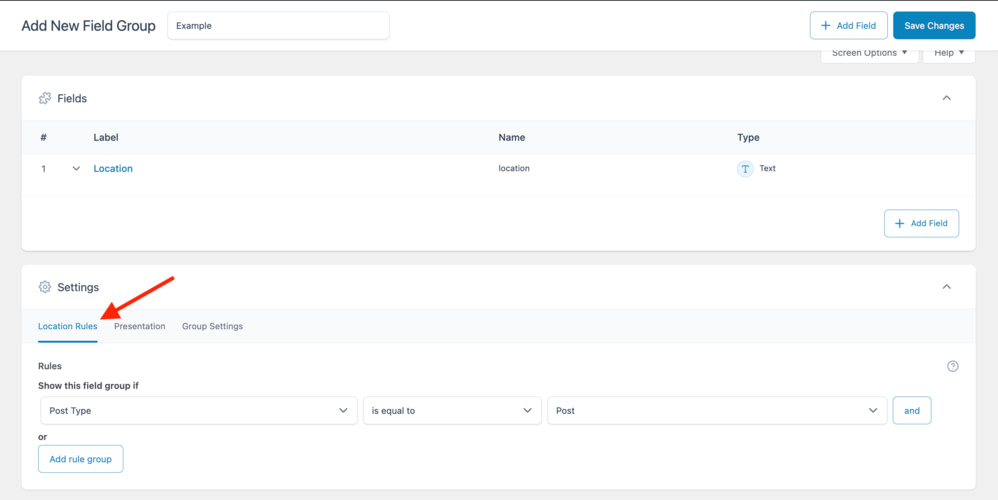 Adding rules to the custom field in the ACF plugin.