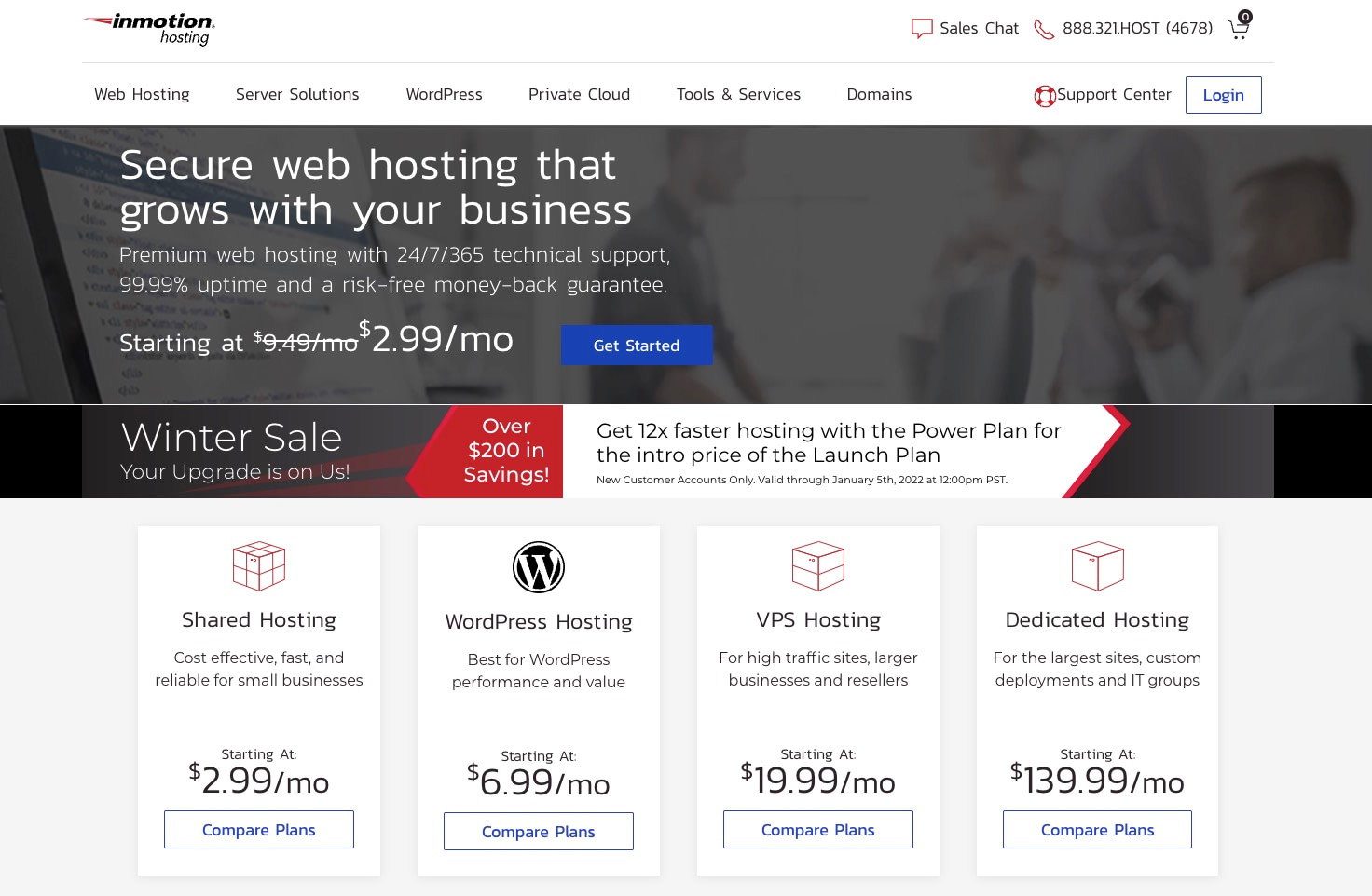 Inmotion hosting homepage screenshot.