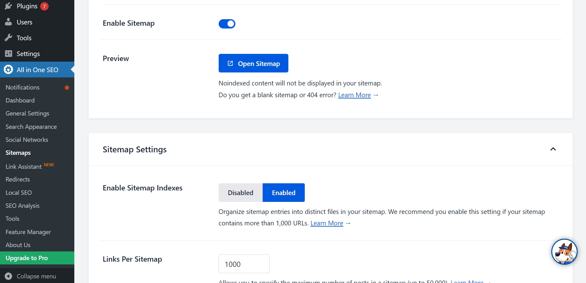 All In One SEO's sitemap settings.