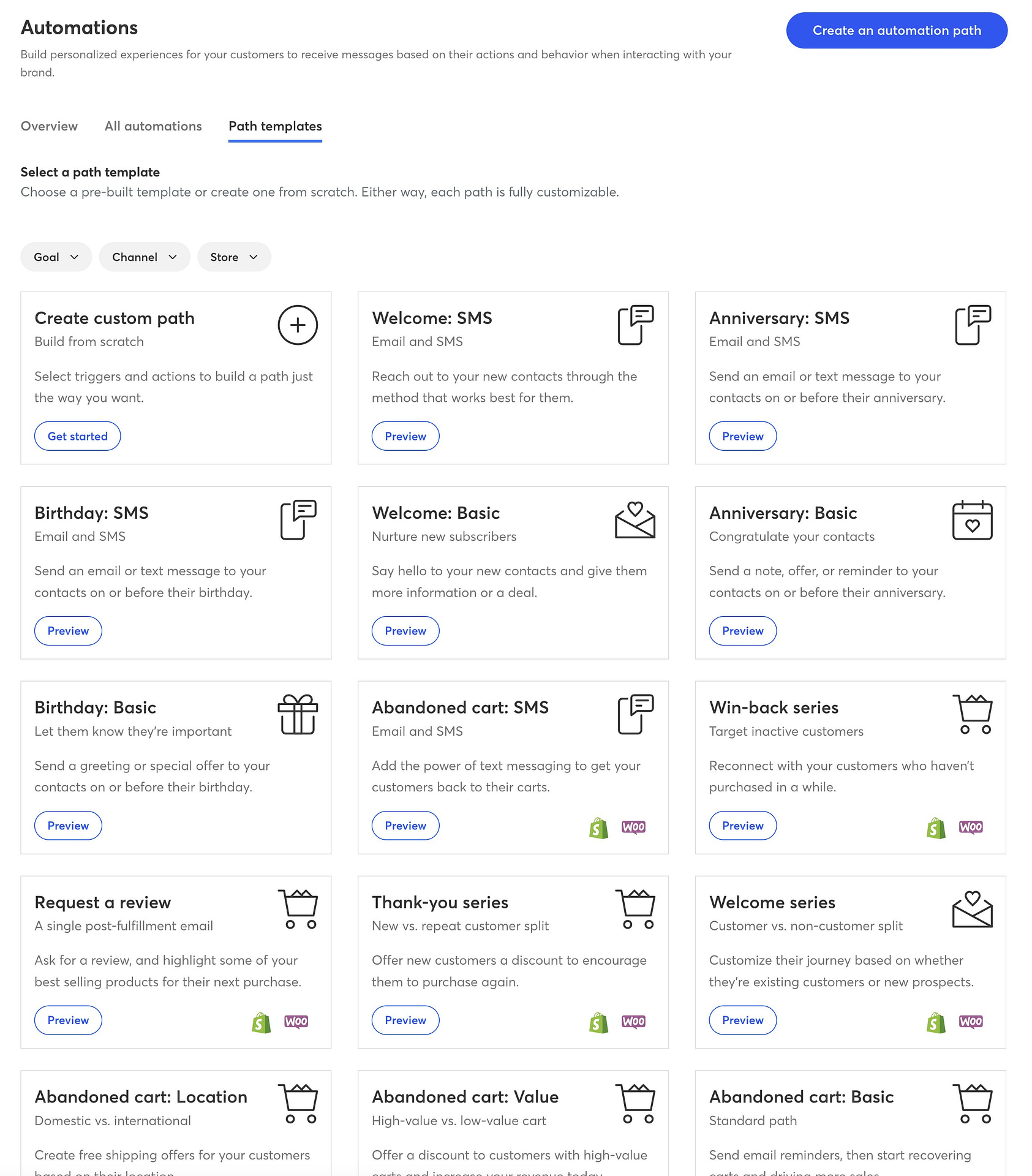 Constant Contact automation path templates.