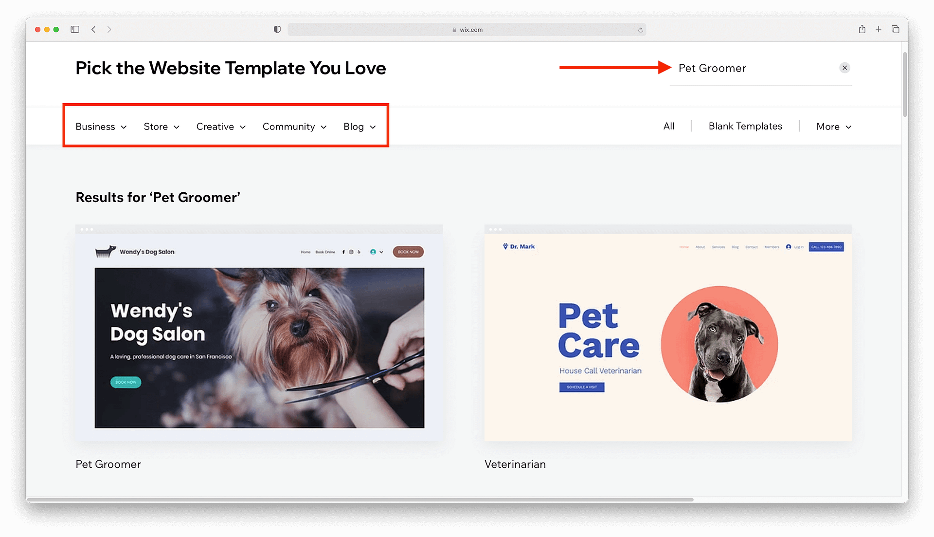 The Wix template options