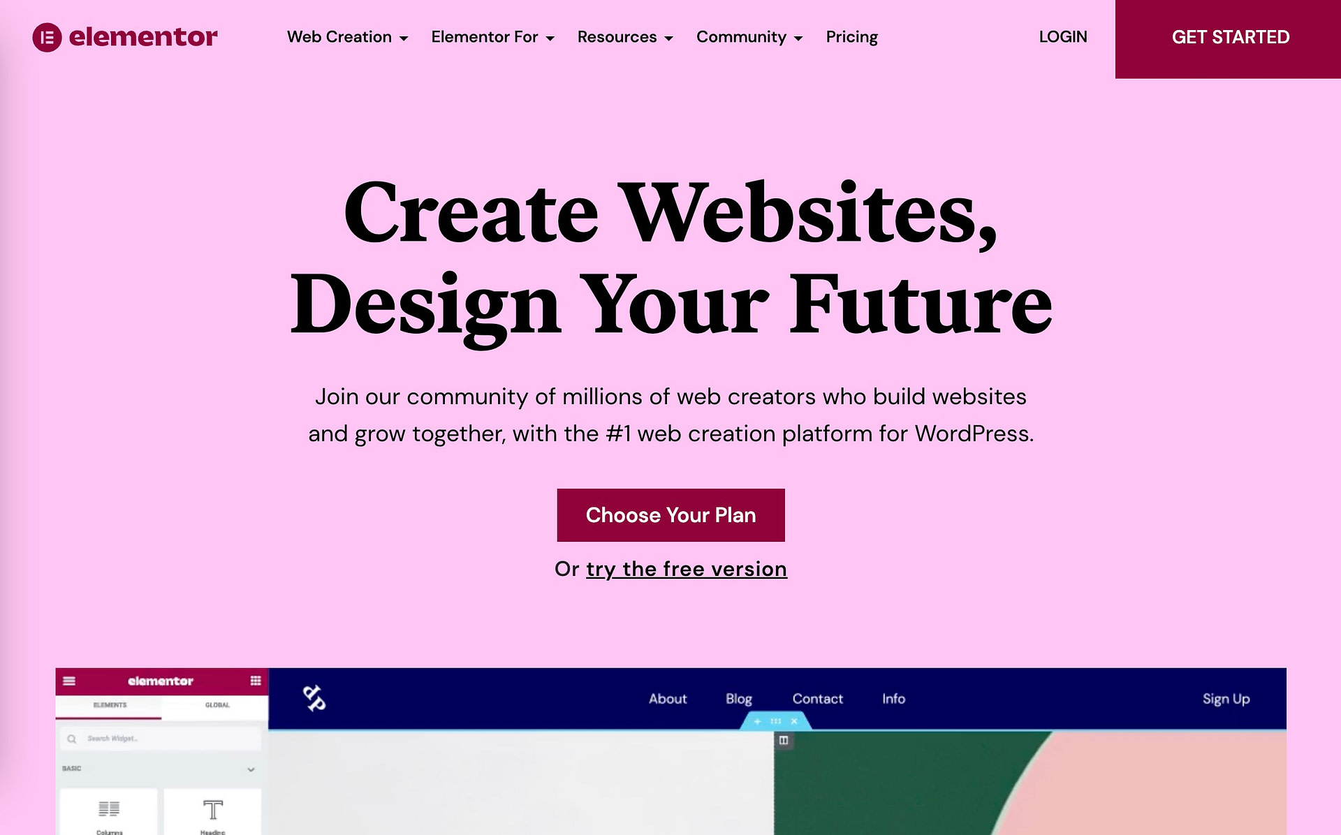 The Elementor page builder website.
