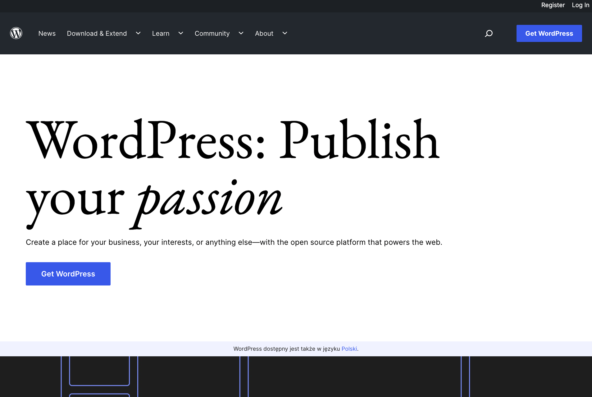 The homepage for the CMS WordPress.