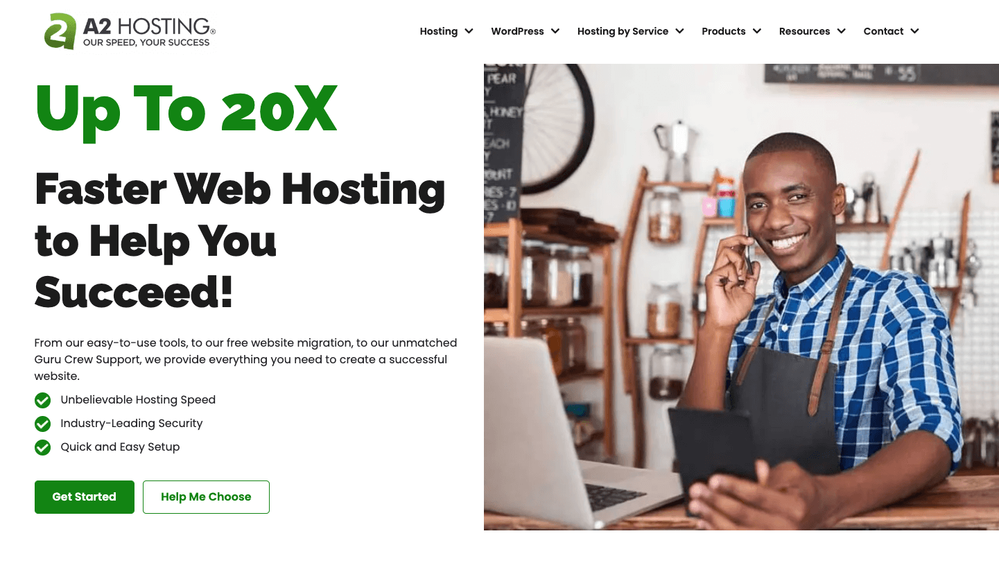 The A2 Hosting homepage.