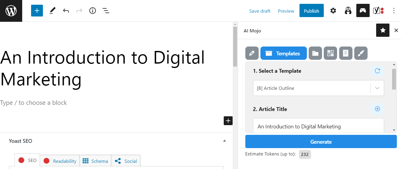 The AI Mojo panel is one of the best ChatGPT WordPress plugins and this is what it looks like in the Block Editor.