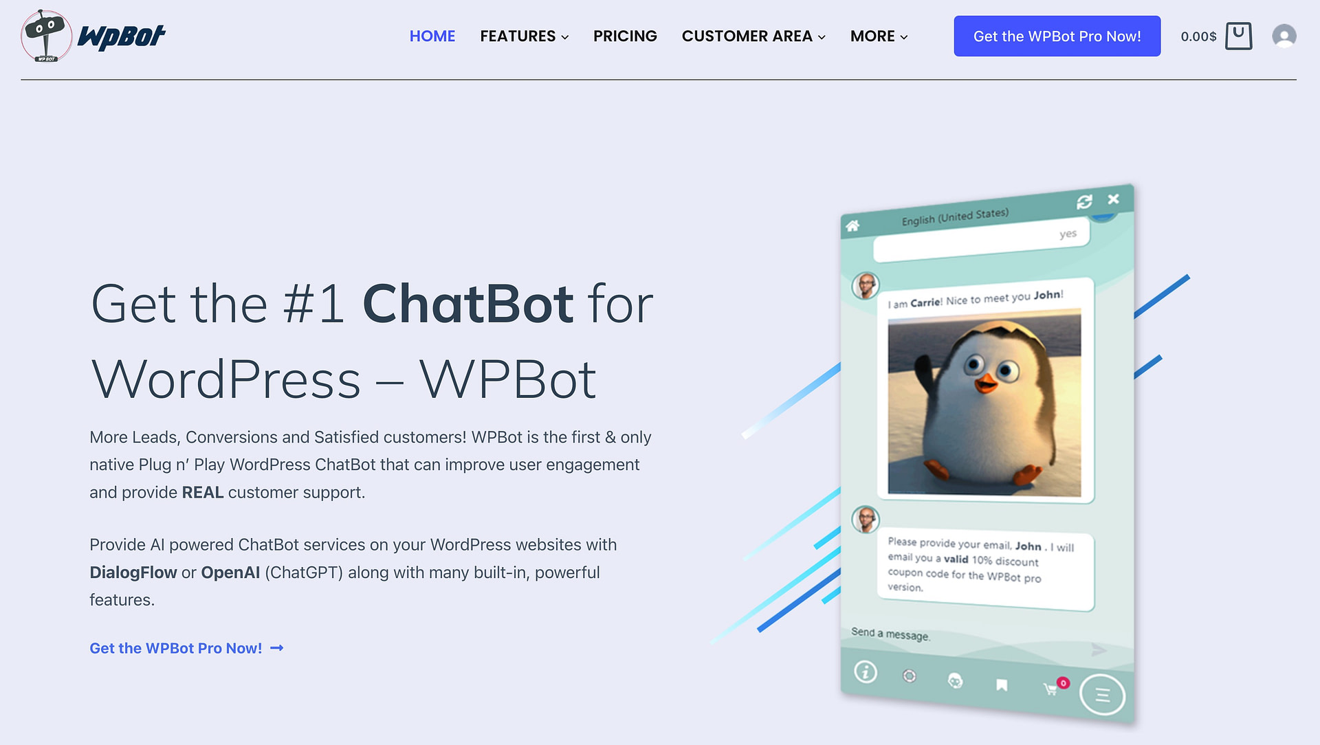 WPBot is a chatbot plugin that offers integration with OpenAI and Google's DialogFlow.