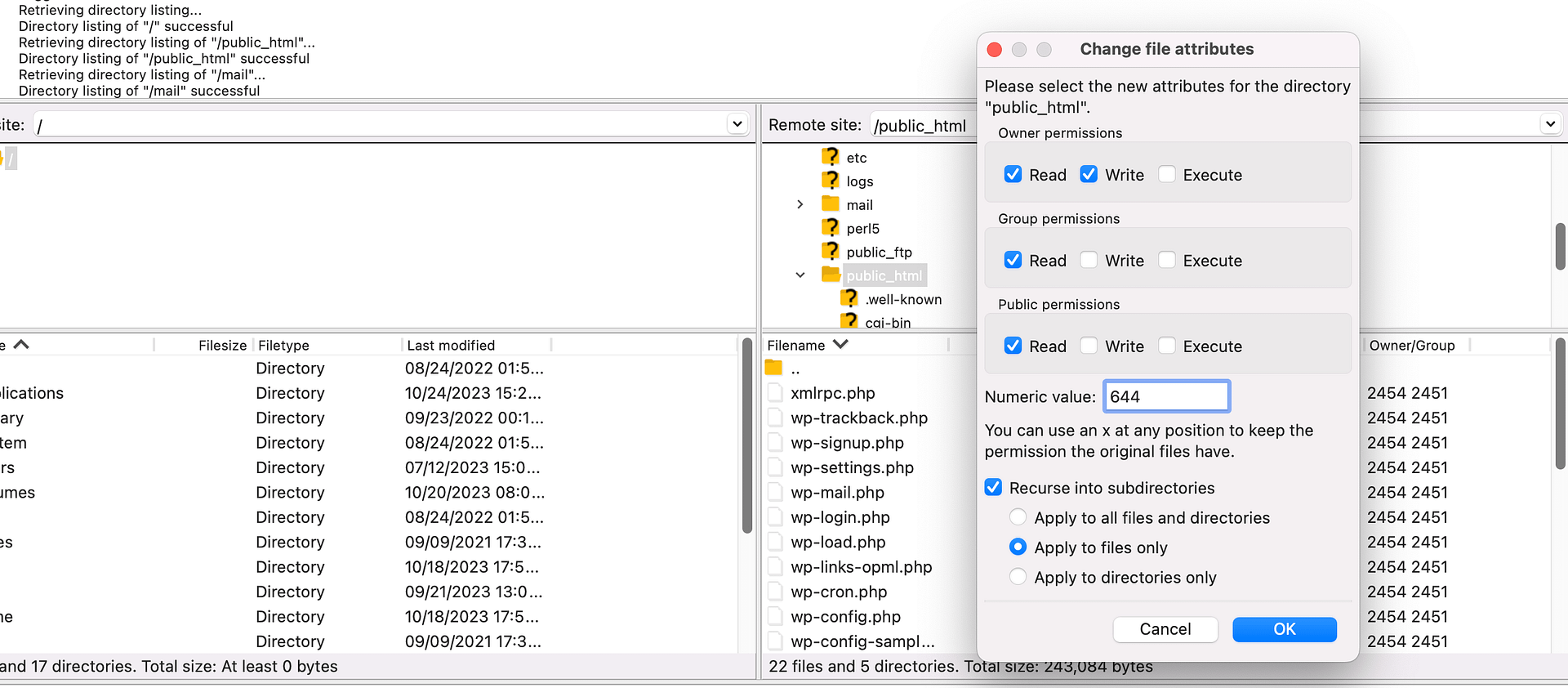 Changing file permissions using an FTP client.
