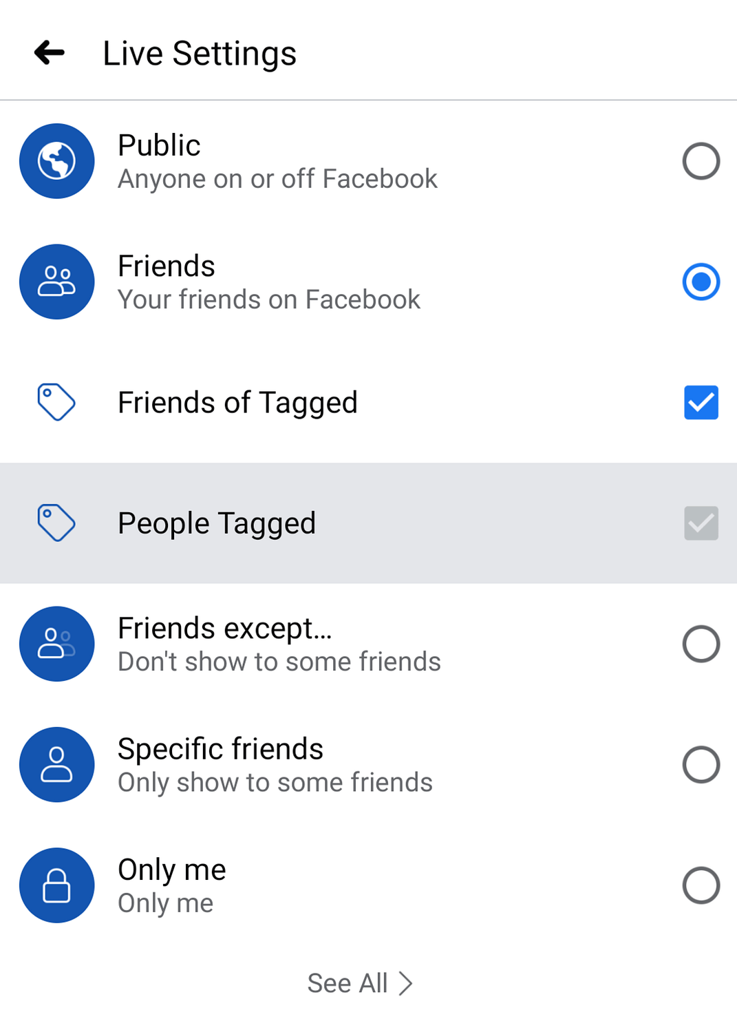 The Facebook Live privacy settings.