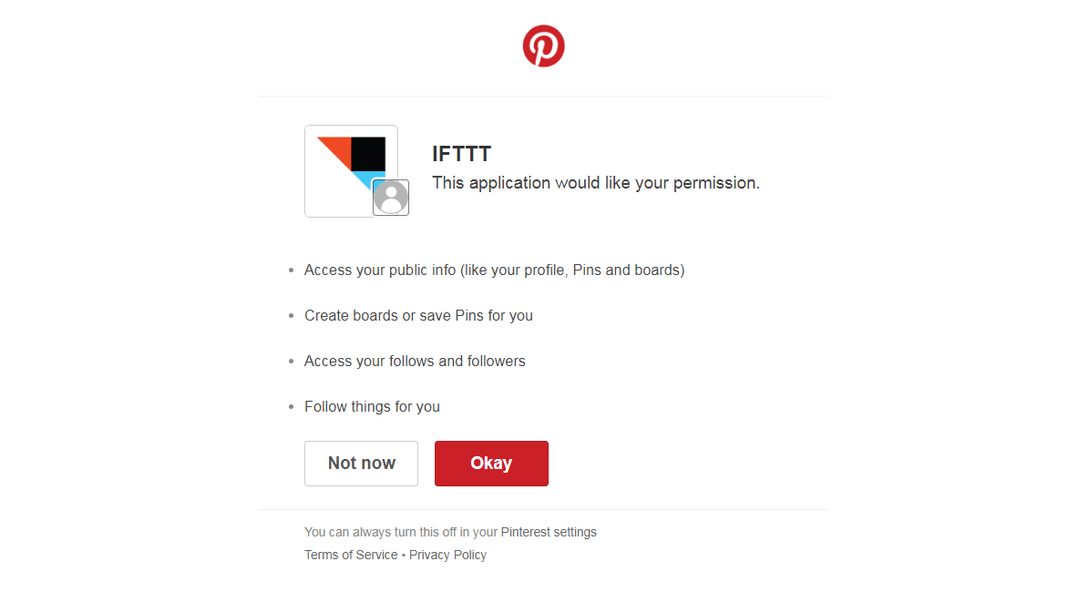 Verifying a Pinterest account on IFTTT.