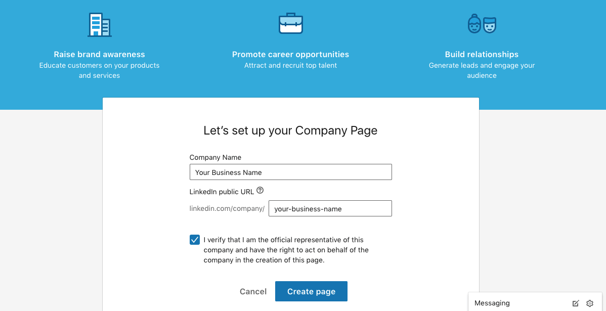 Setting up a LinkedIn company page.