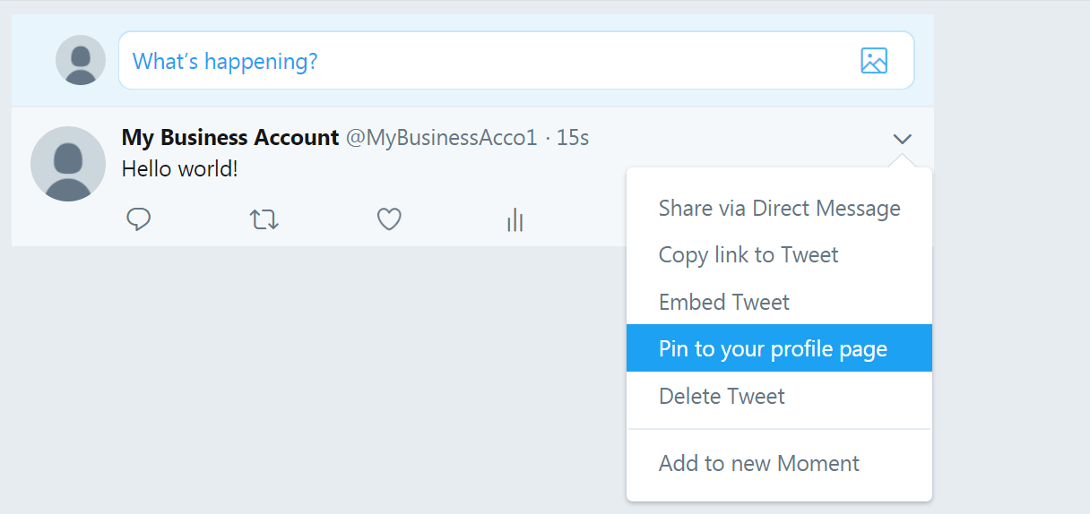 Pinning a new tweet on your Twitter business account.