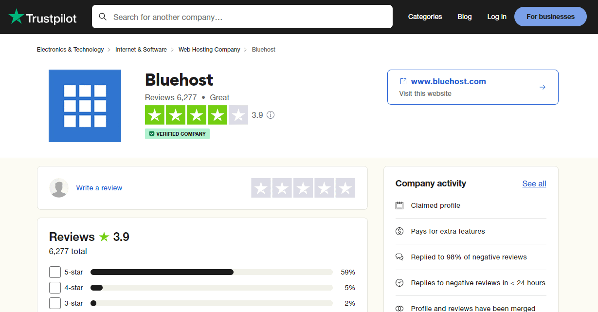 Bluehost reviews on Trustpilot.