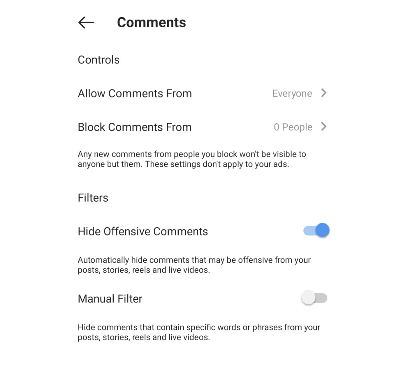Social media live streaming: Instagram Live comment filters.