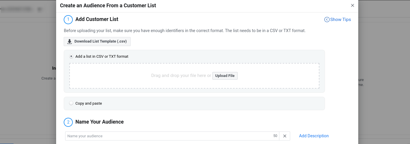 The window to upload a customer list to Facebook Ad Manager.