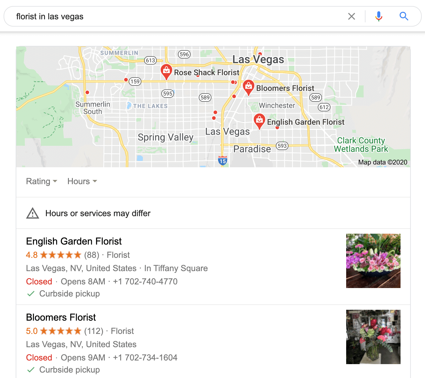 The Google Local Results pane with the top three results.