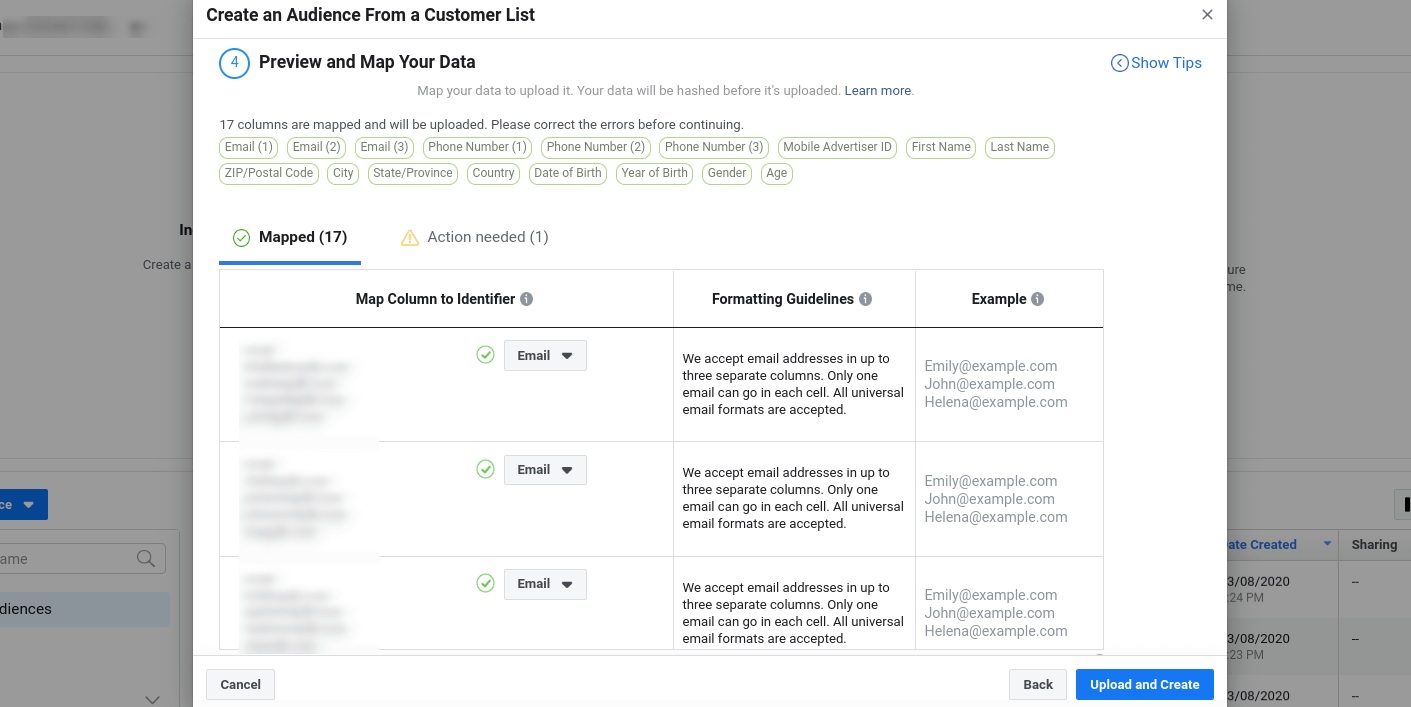 Facebook's preview customer list page.