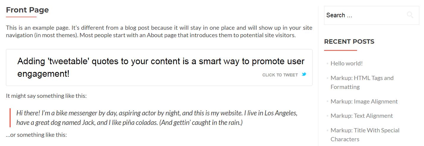 A tweetable quote displayed on the WordPress front end.
