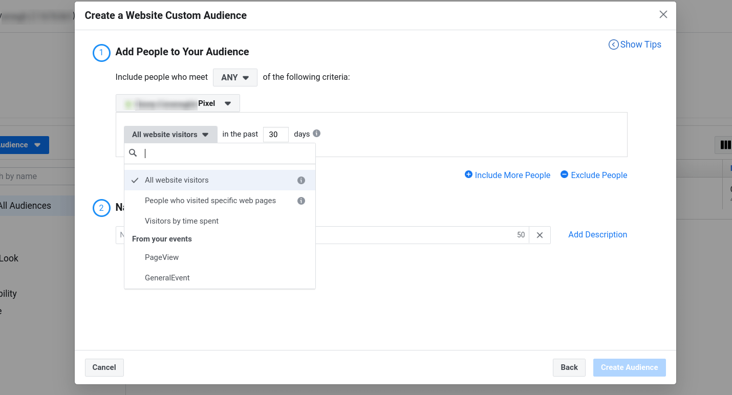 The settings page for creating a custom audience on Facebook.