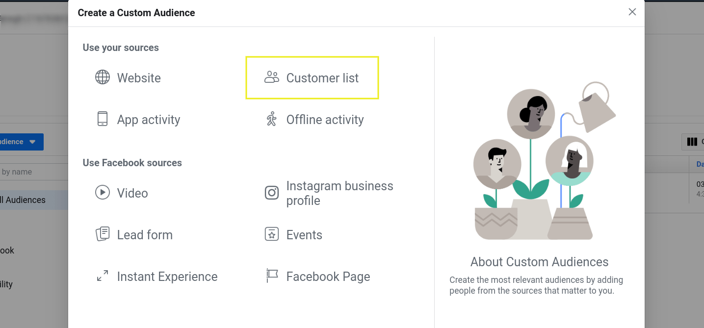 The customer list option in the 'create custom audience' page on Facebook.