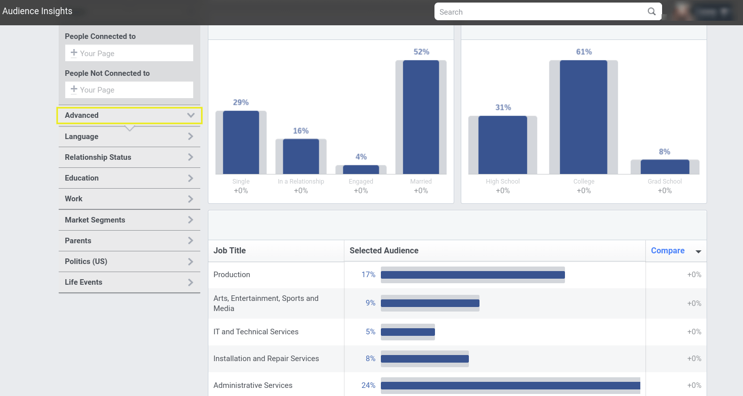 The 'advanced' section of the Facebook Audience Insights page.