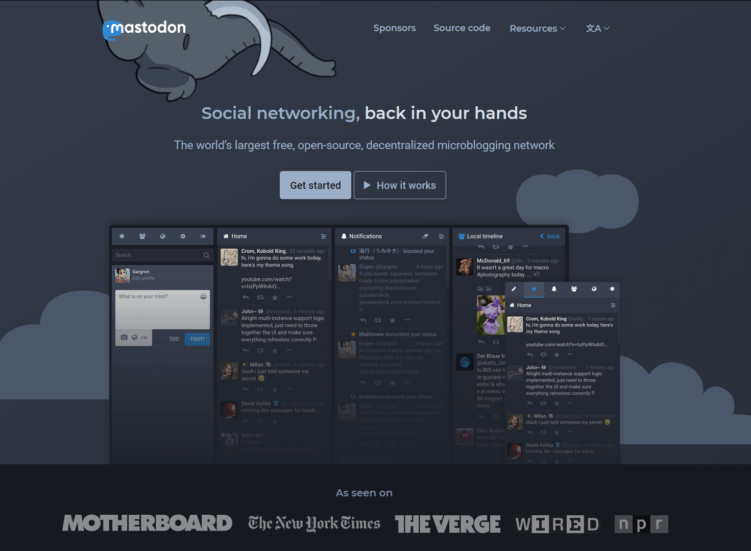 The landing page for Mastadon