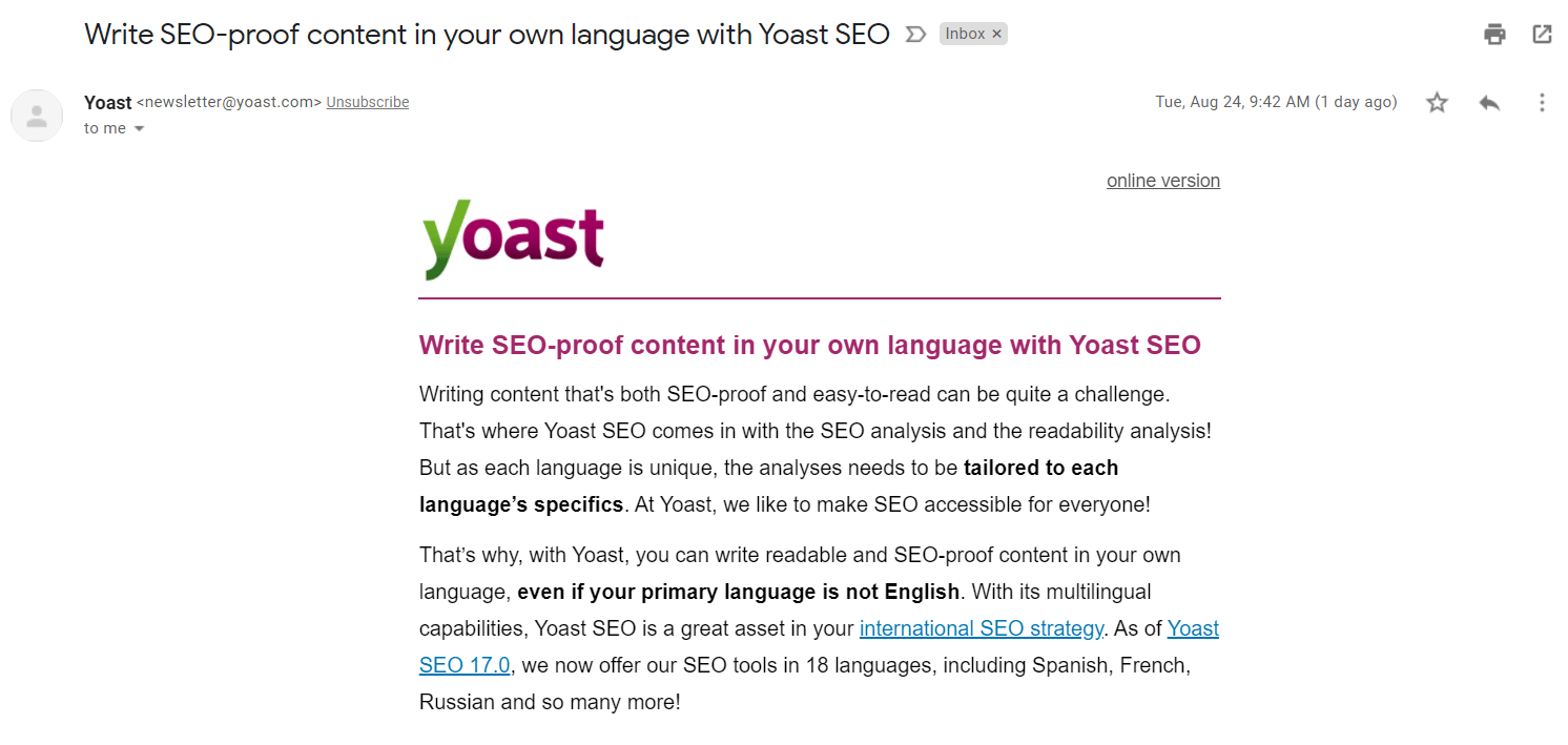 An example of an email campaign from Yoast. 