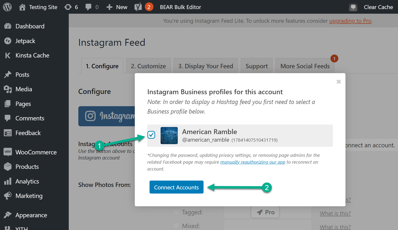 connect accounts to embed Instagram posts