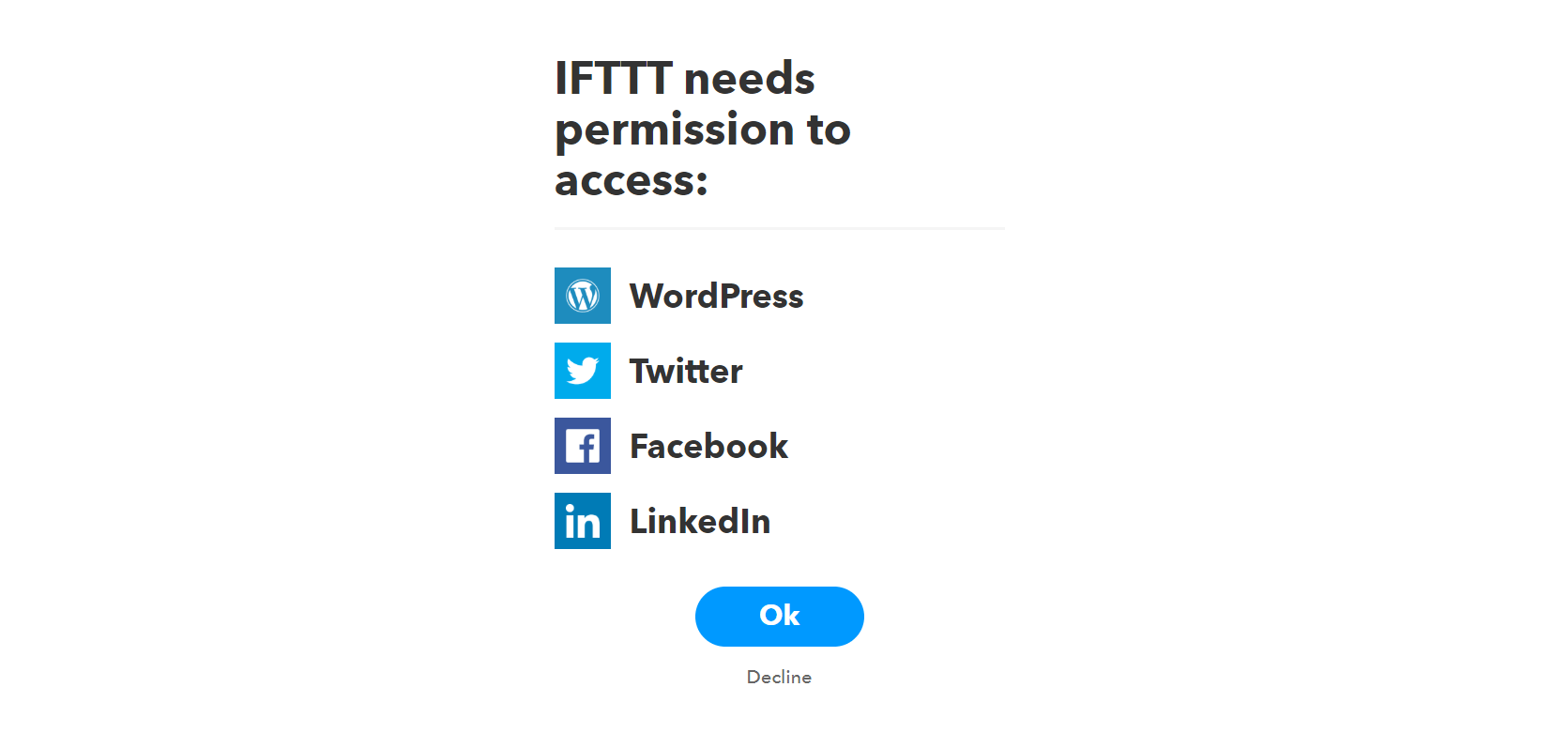An IFTTT applet requesting permission to access platforms.