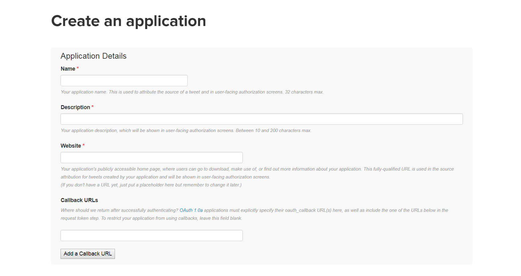 The Twitter Application Management page.