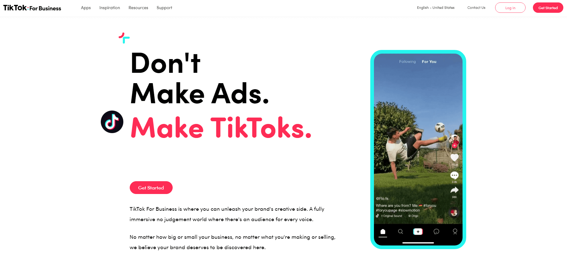 The TikTok for Business homepage.