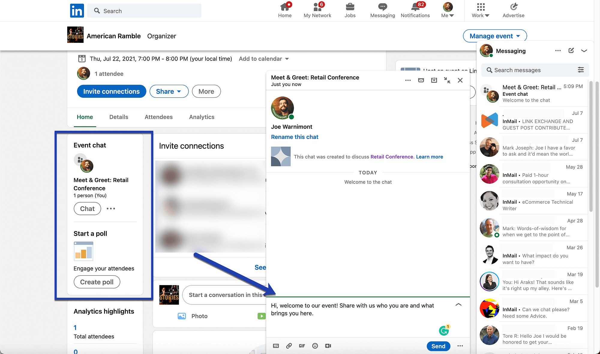 event chat in LinkedIn Messages