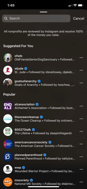 Search results for adding a Donation sticker to Instagram Story.