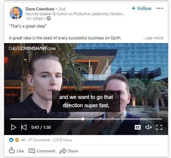 video post with LinkedIn hashtags