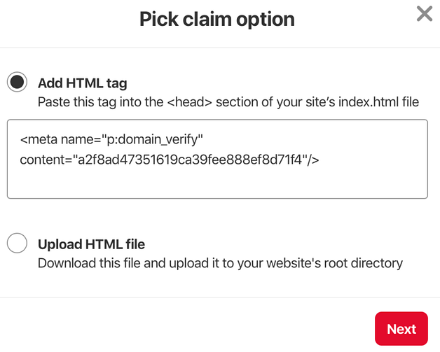 The pop-up that enables you to pick a claim option for your website URL.