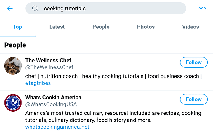 A Twitter search for cooking tutorials.