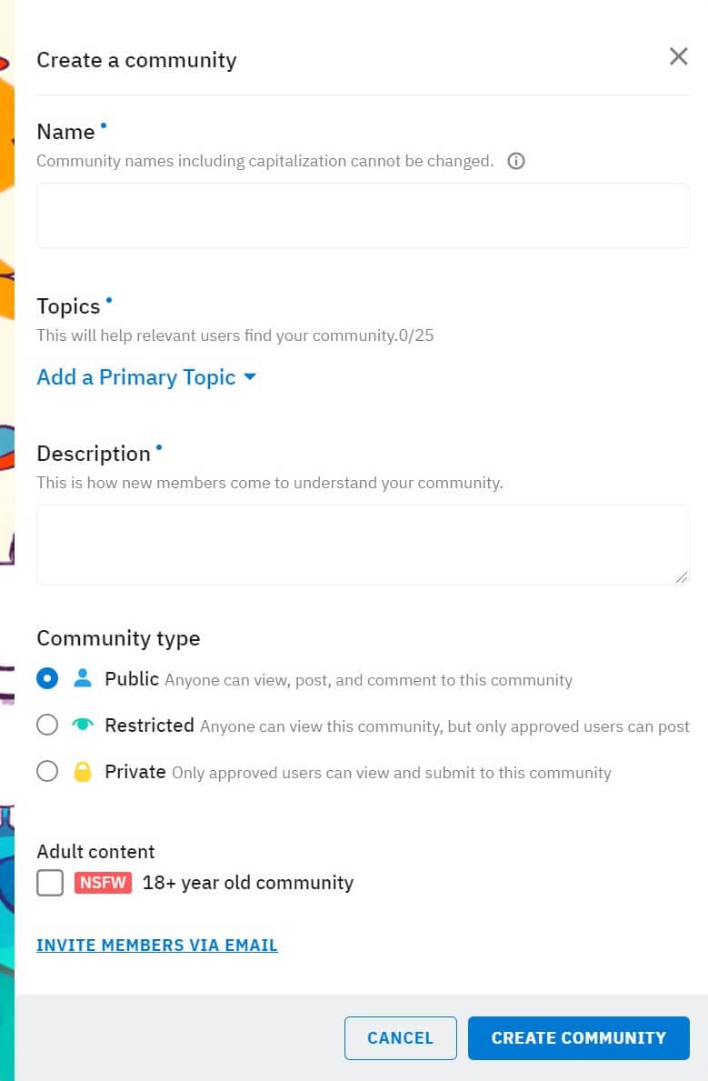 The form to create a new community on Reddit.