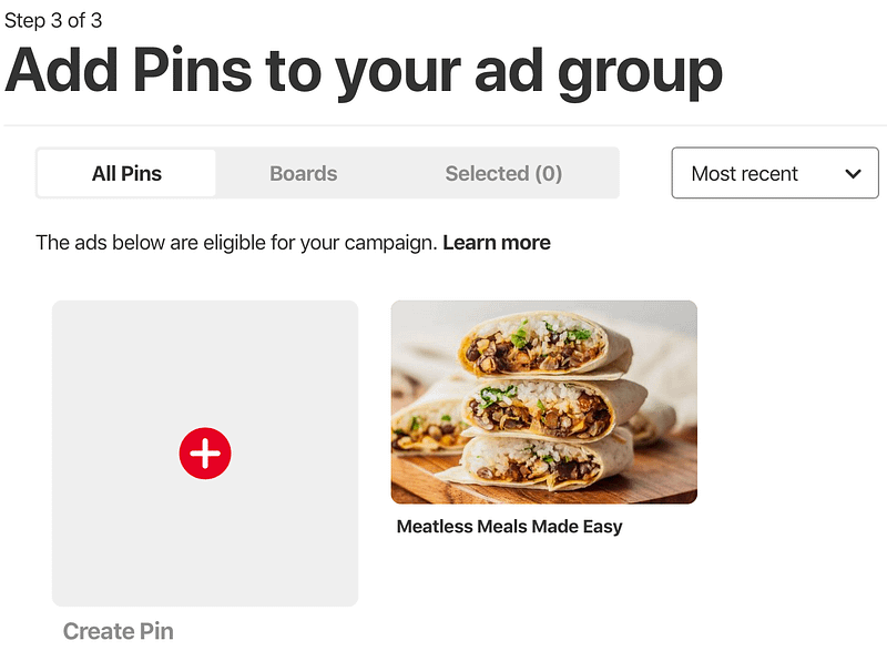 The screen on which you'll select the Pins you want to promote.
