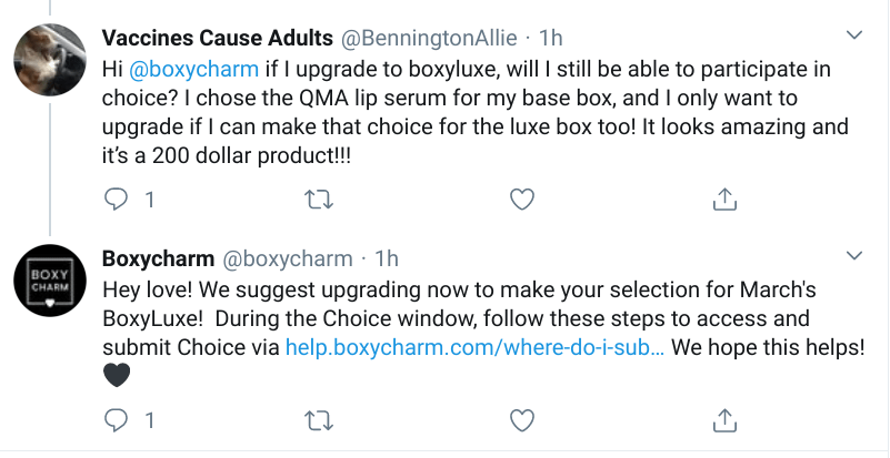 How to Build a Trustworthy Social Media Reputation: BoxyCharm responding to a customer on Twitter.