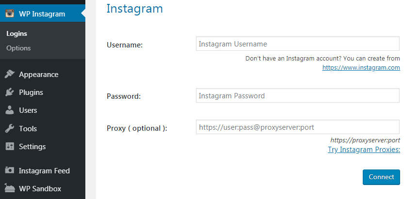 Connecting the plugin to your Instagram account.
