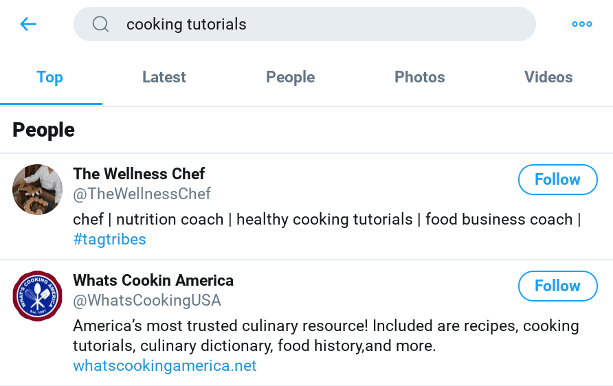 A Twitter search for cooking tutorials.