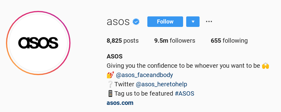 ASOS Instagram profile bio.