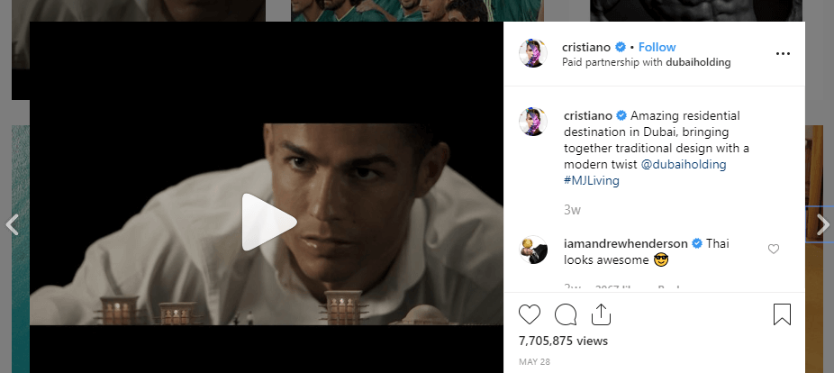 An example of a sponsored post in Cristiano Ronaldo's Instagram feed.