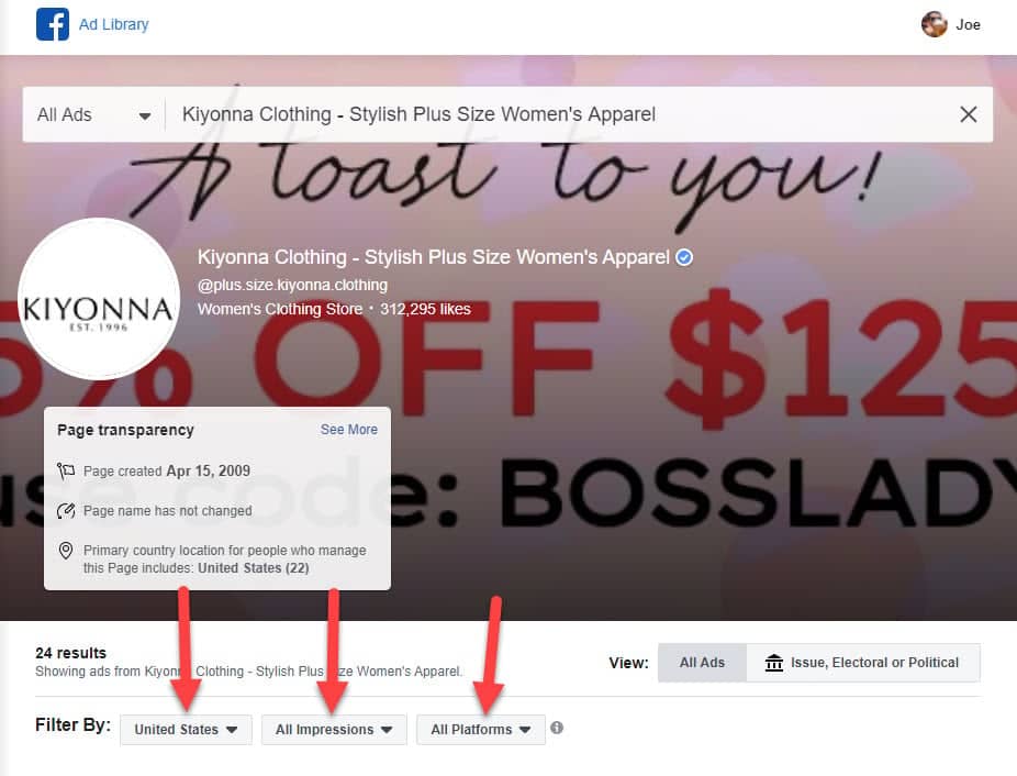 filters for Facebook ads competition