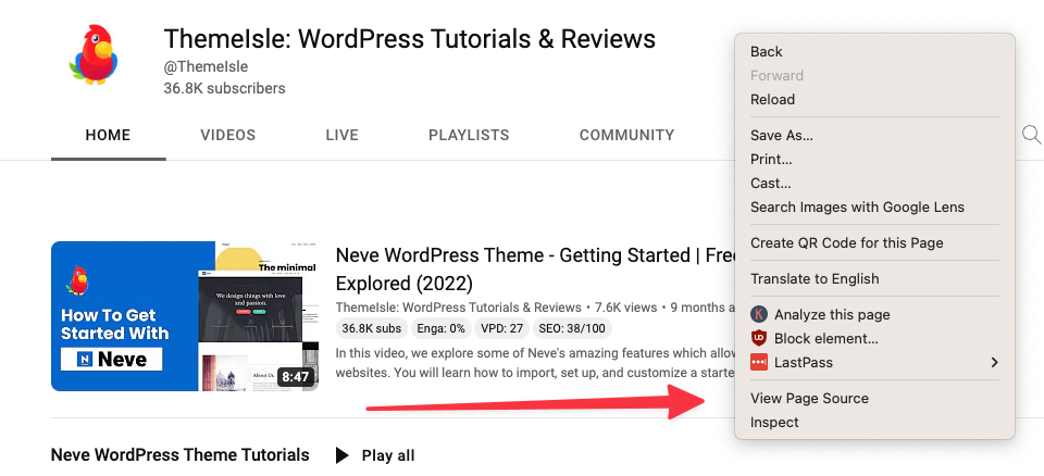 check channel page source code